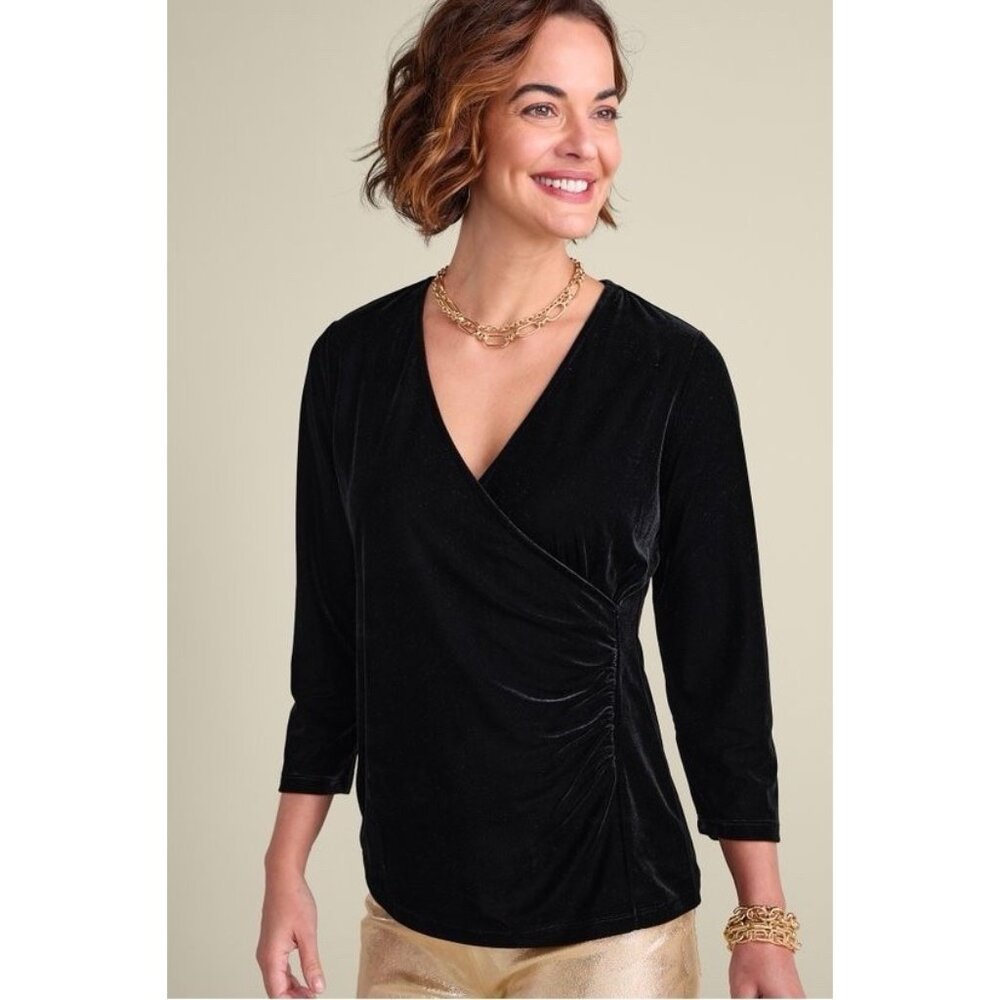 Soft Surroundings Women Velvet Alyssa Top Black Plus Size 1X Stretch 3/4 Sleeve